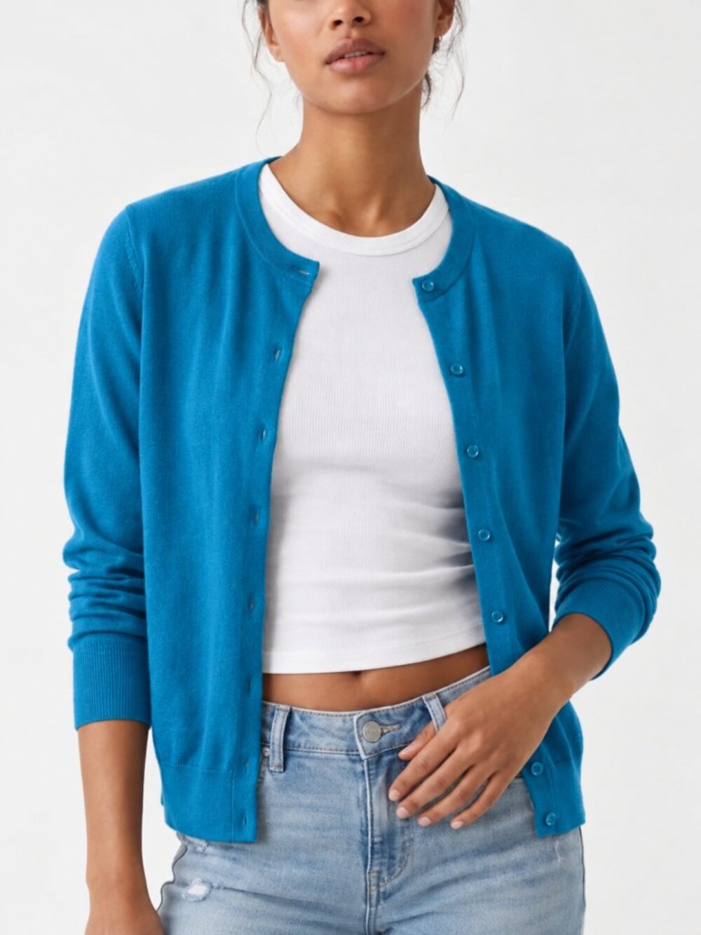 Ann Taylor Factory Cerulean Blue Crewneck Button Front Cardigan Size L